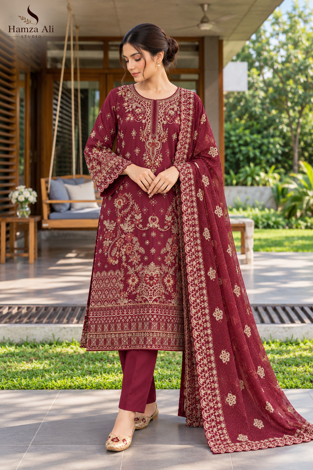 Maroon Majesty Heavy Embroidered 3-Piece Lawn Suit