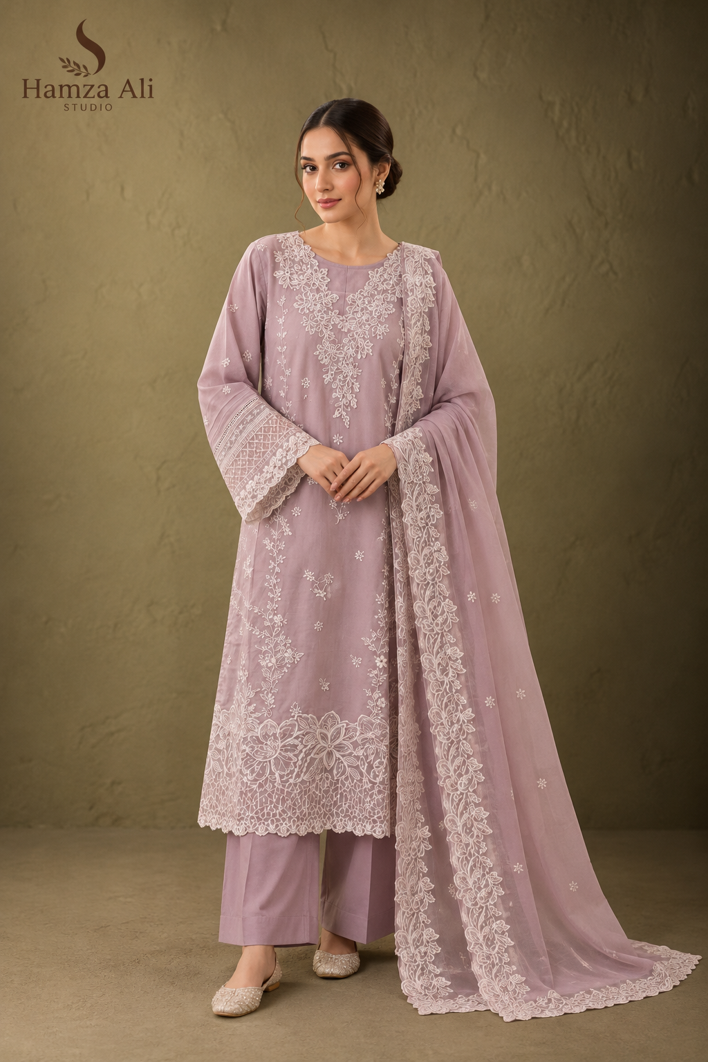 Pink Cotton Suit with Heavy Embroidery