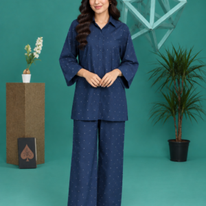 Navy Blue Georgette Polka Dot Co-Ord Set