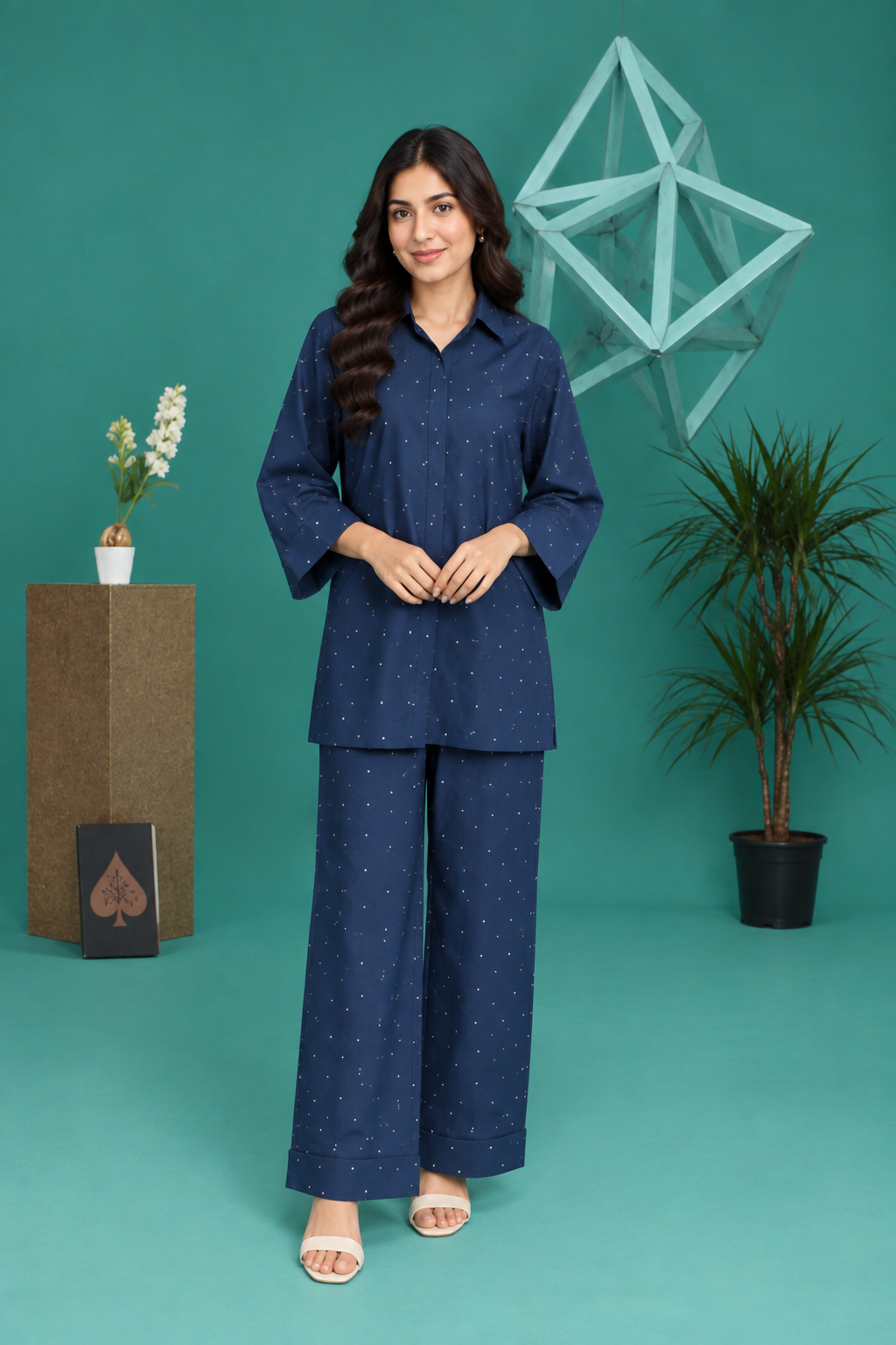 Navy Blue Georgette Polka Dot Co-Ord Set