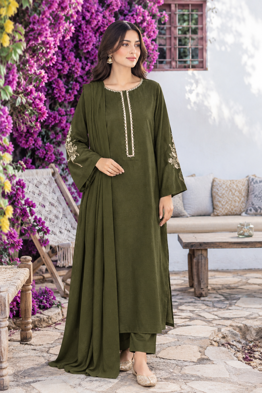 Olive Elegance Embroidered 3-Piece Suit