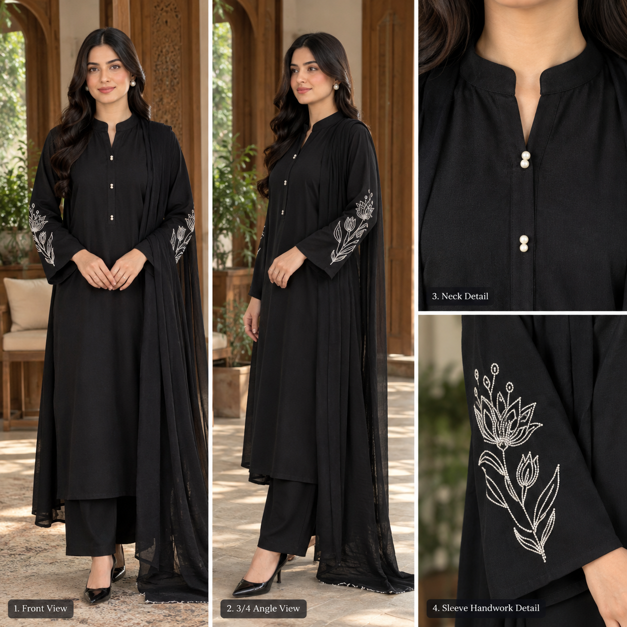 Elegant Black Georgette Handwork 3-Piece Suit