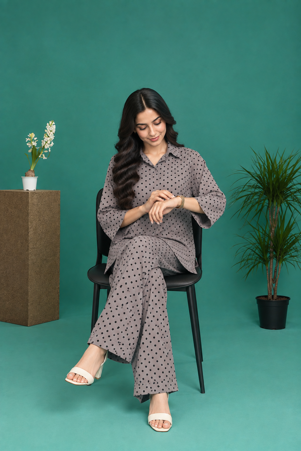 Gray Polka Dot Georgette Co-Ord Set