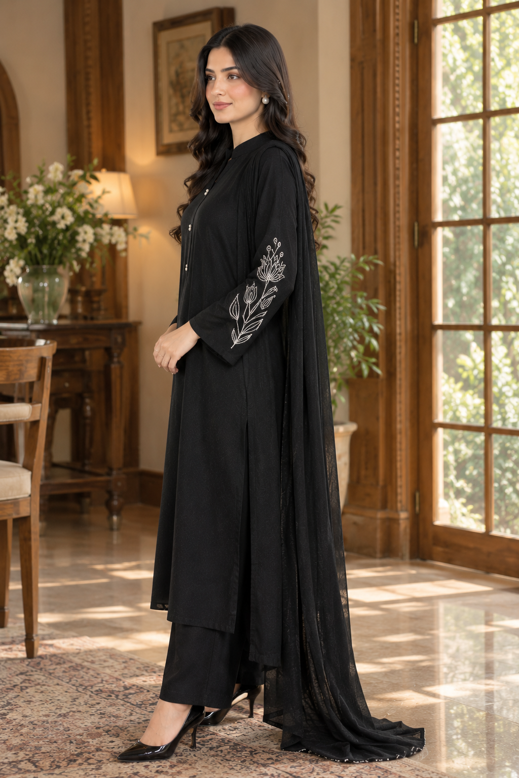 Elegant Black Georgette Handwork 3-Piece Suit