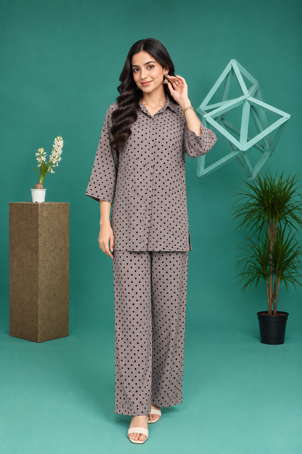 Gray Polka Dot Georgette Co-Ord Set