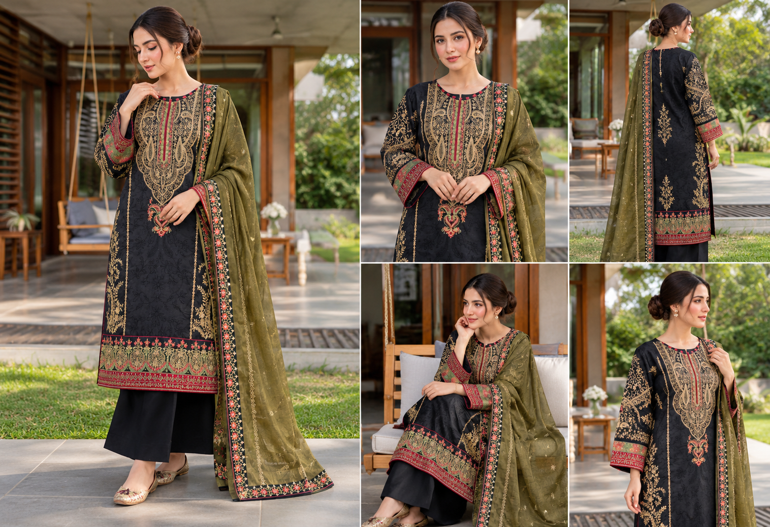 Royal Black & Olive Gold Embroidered 3-Piece Suit