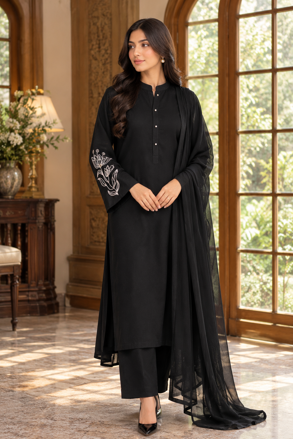 Elegant Black Georgette Handwork 3-Piece Suit