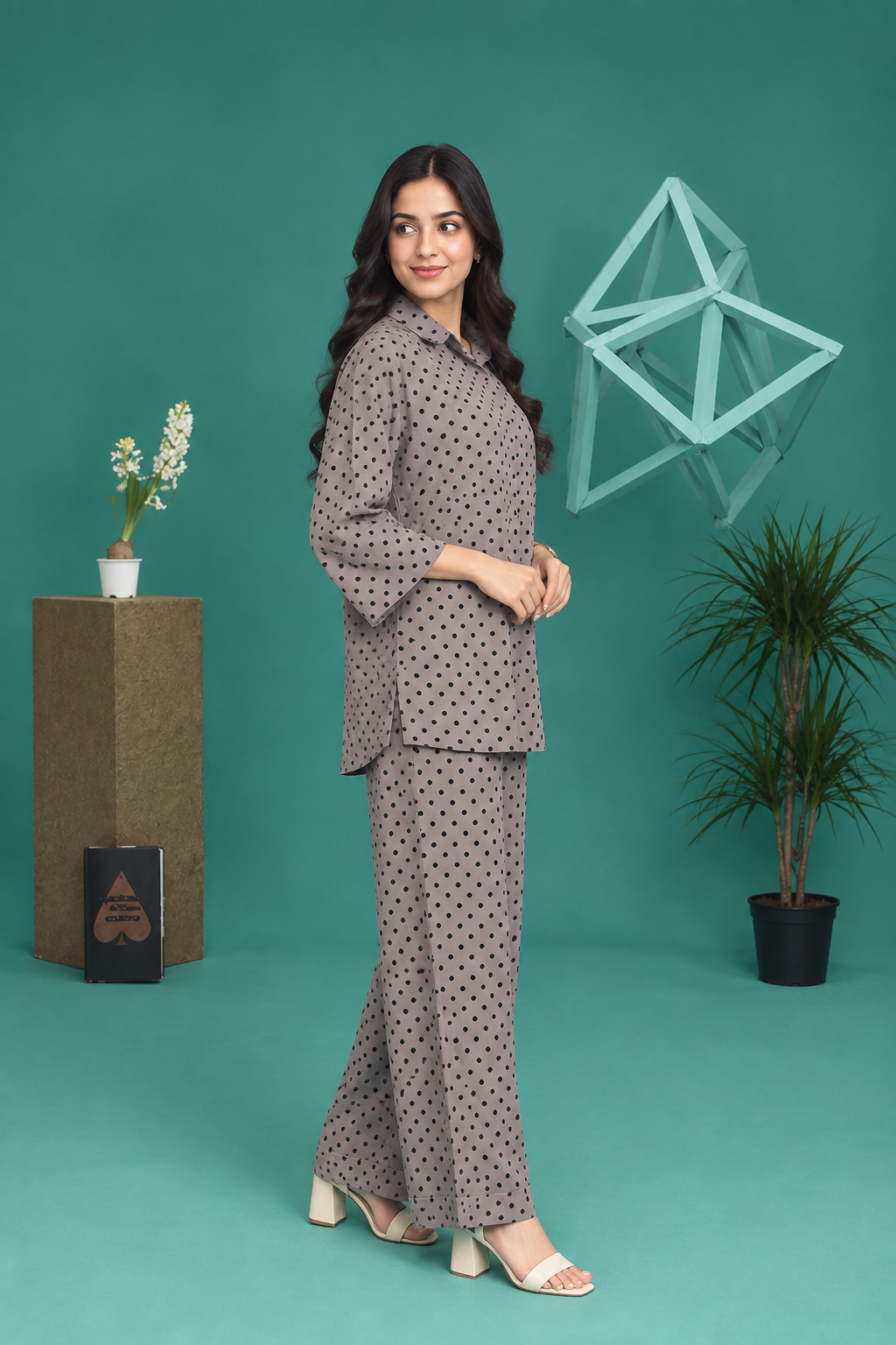 Gray Polka Dot Georgette Co-Ord Set