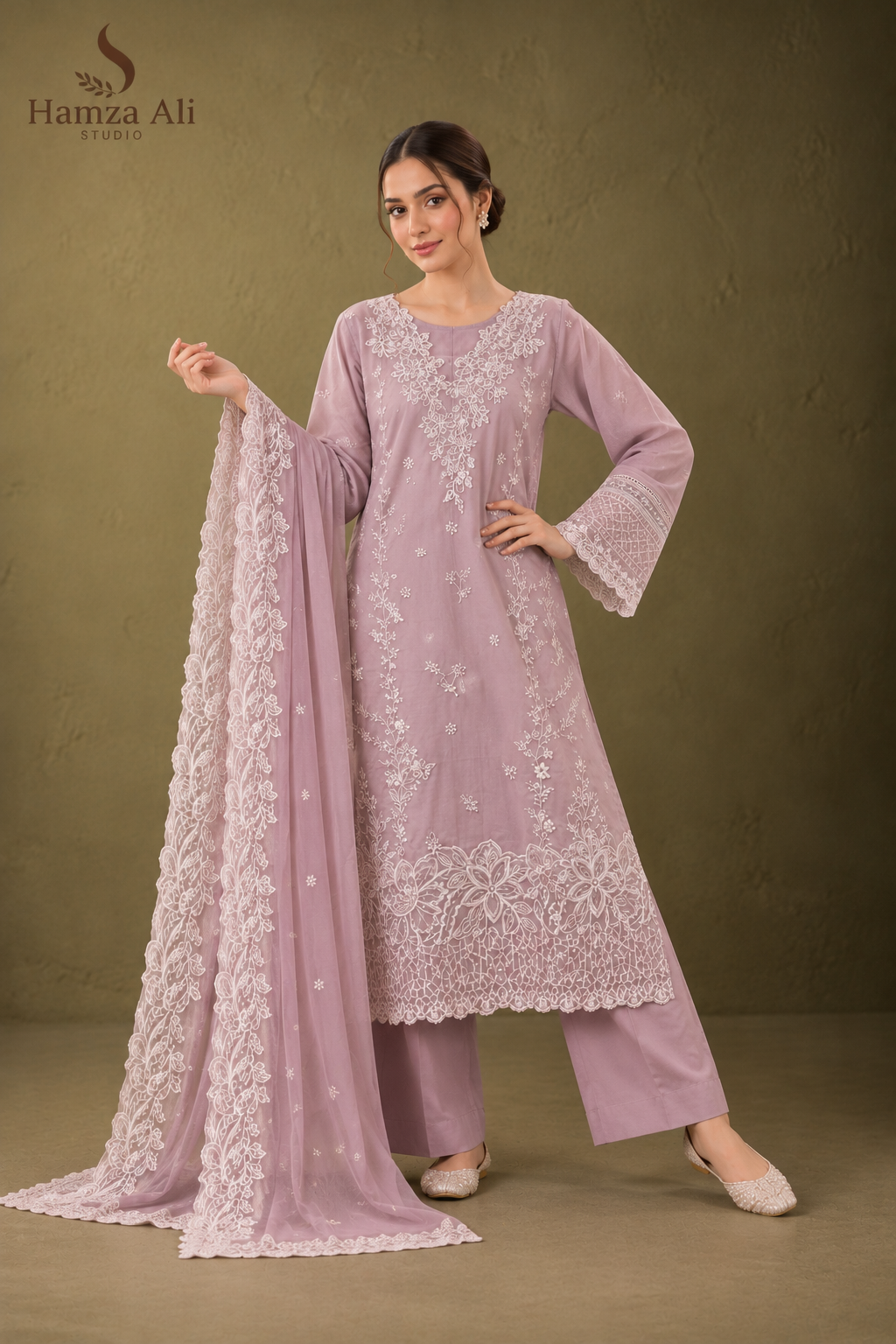 Pink Cotton Suit with Heavy Embroidery