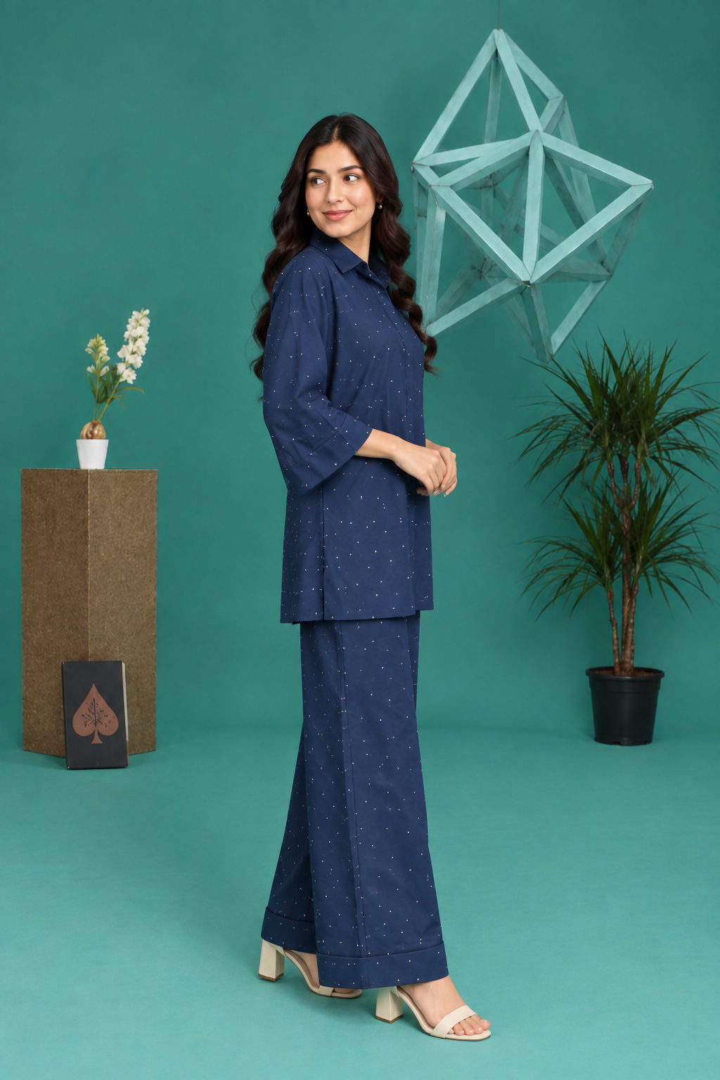 Navy Blue Georgette Polka Dot Co-Ord Set