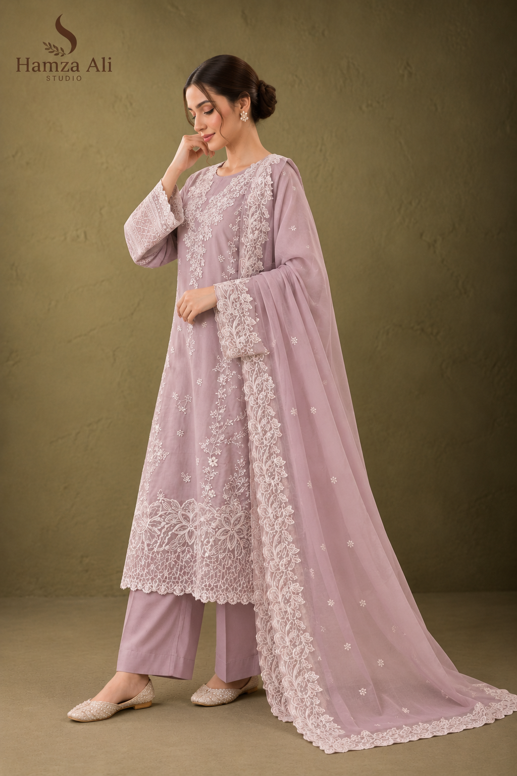 Pink Cotton Suit with Heavy Embroidery