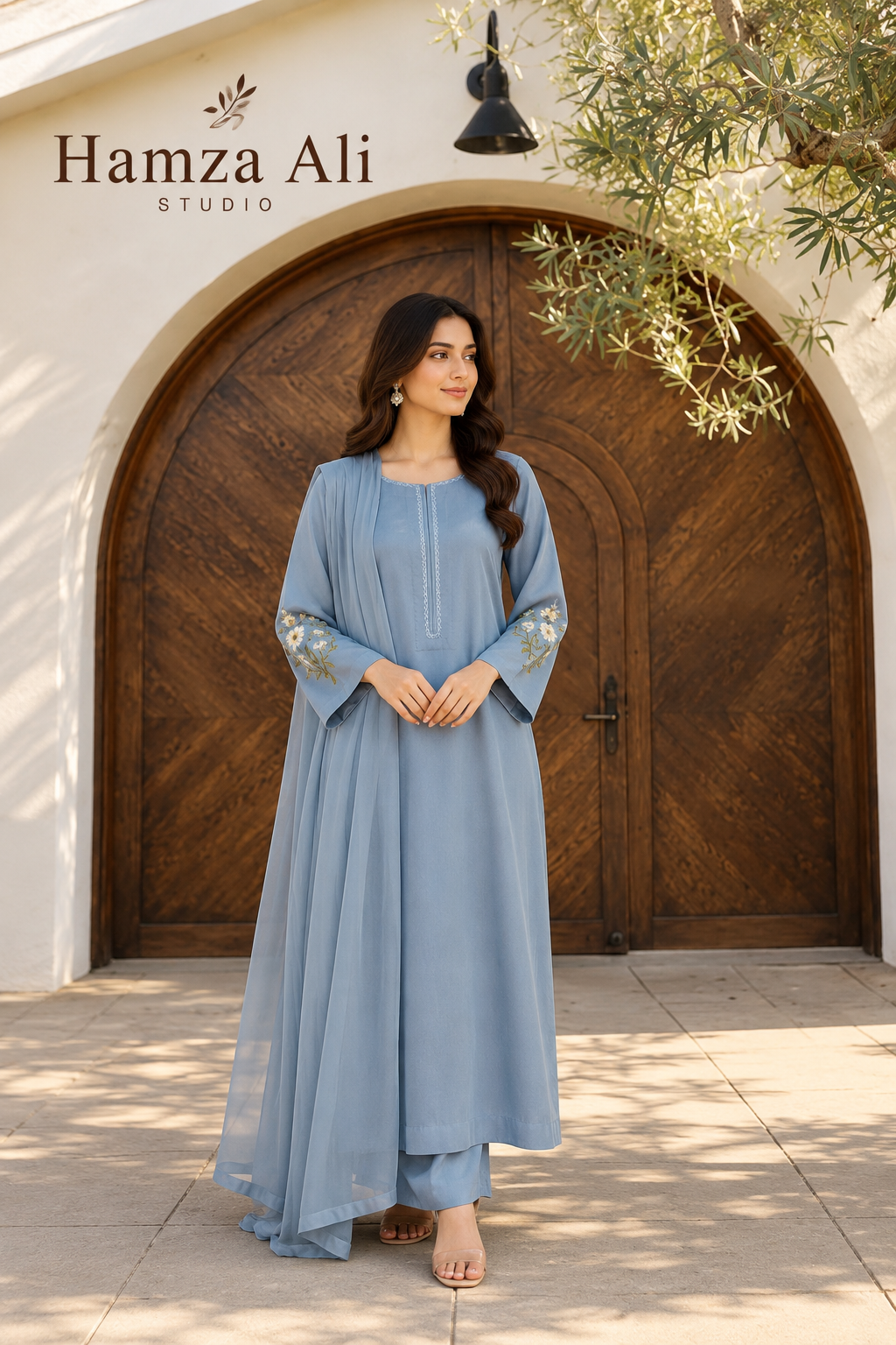 Elegant Sky Blue Khaddi Silk Suit