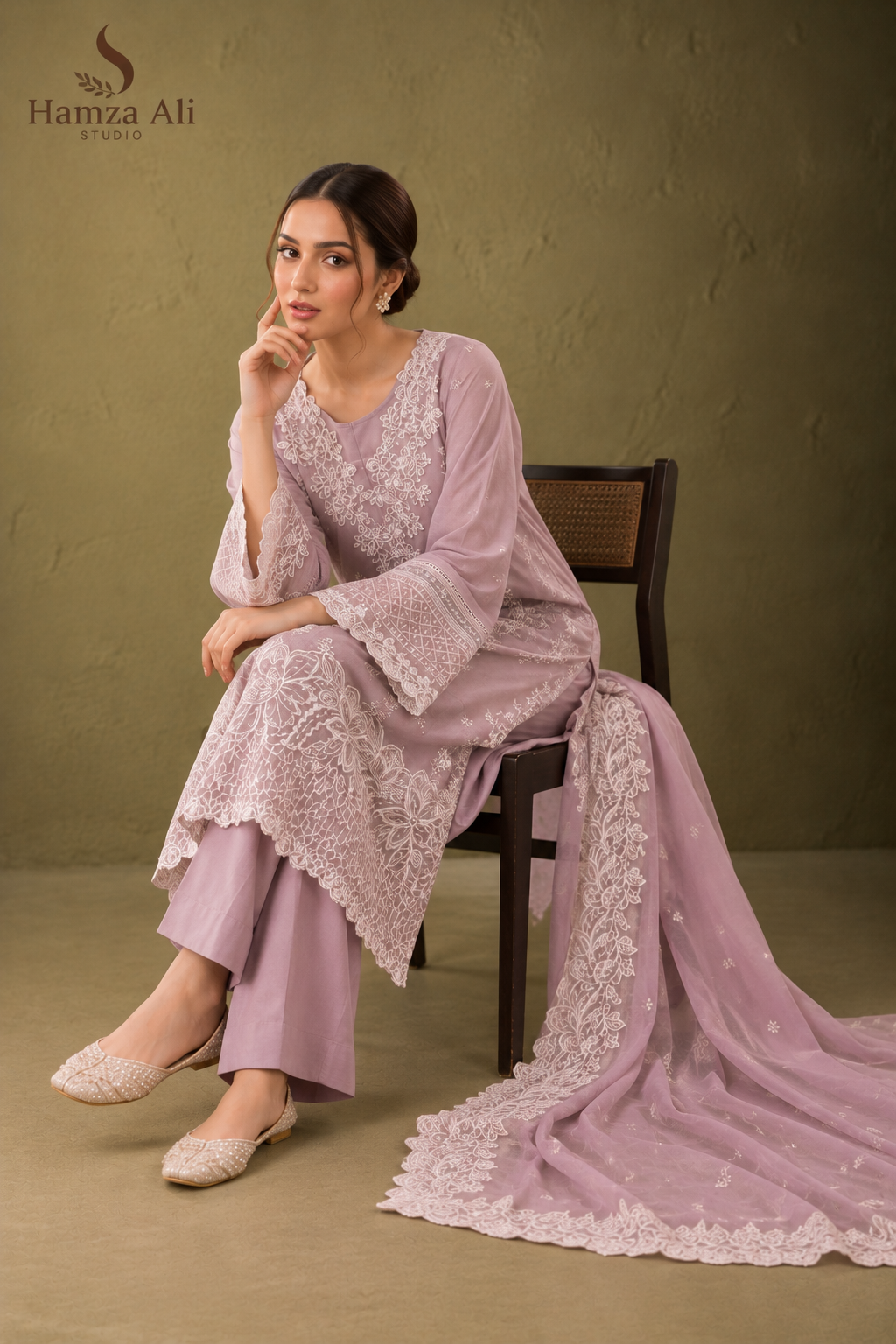 Pink Cotton Suit with Heavy Embroidery