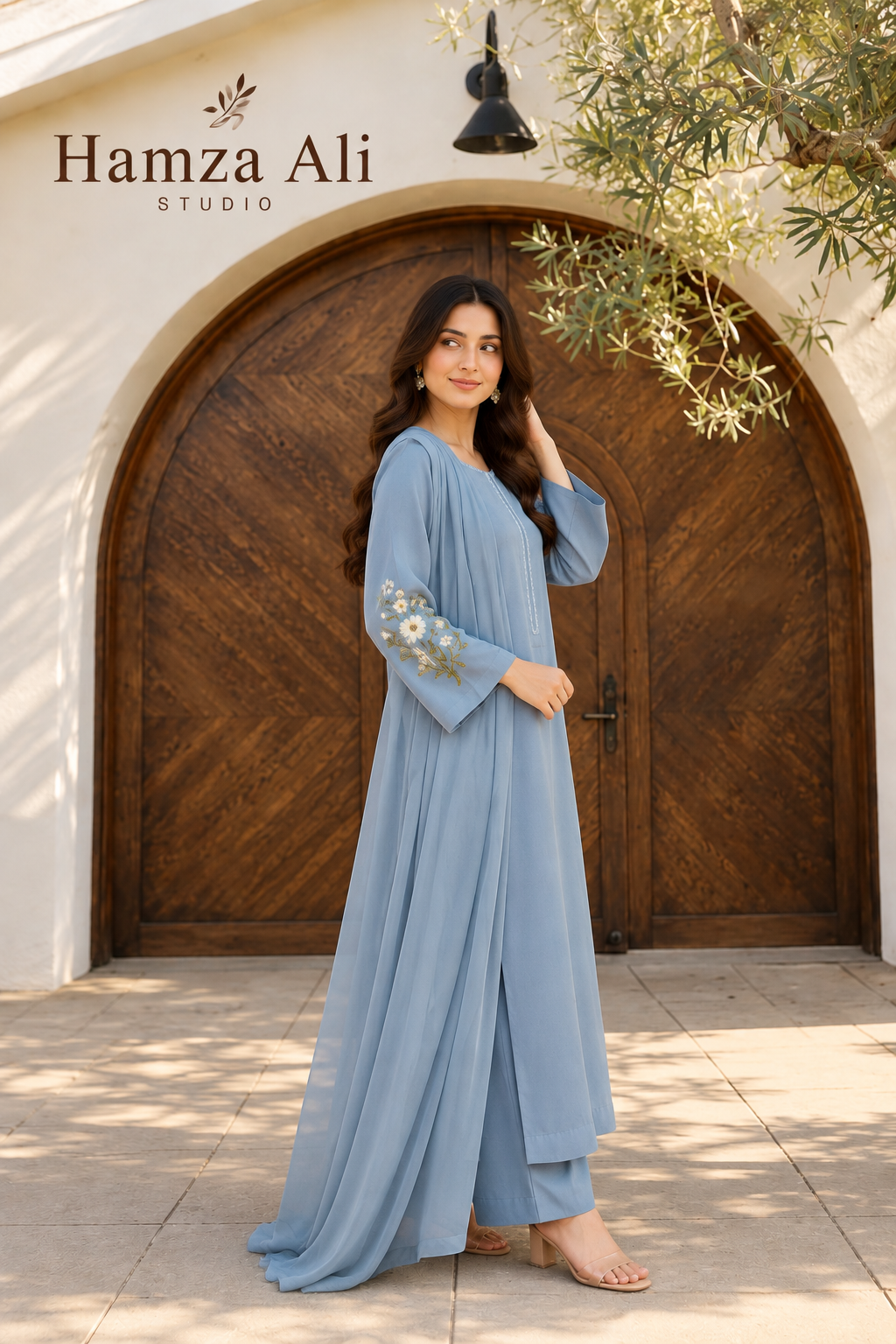 Elegant Sky Blue Khaddi Silk Suit