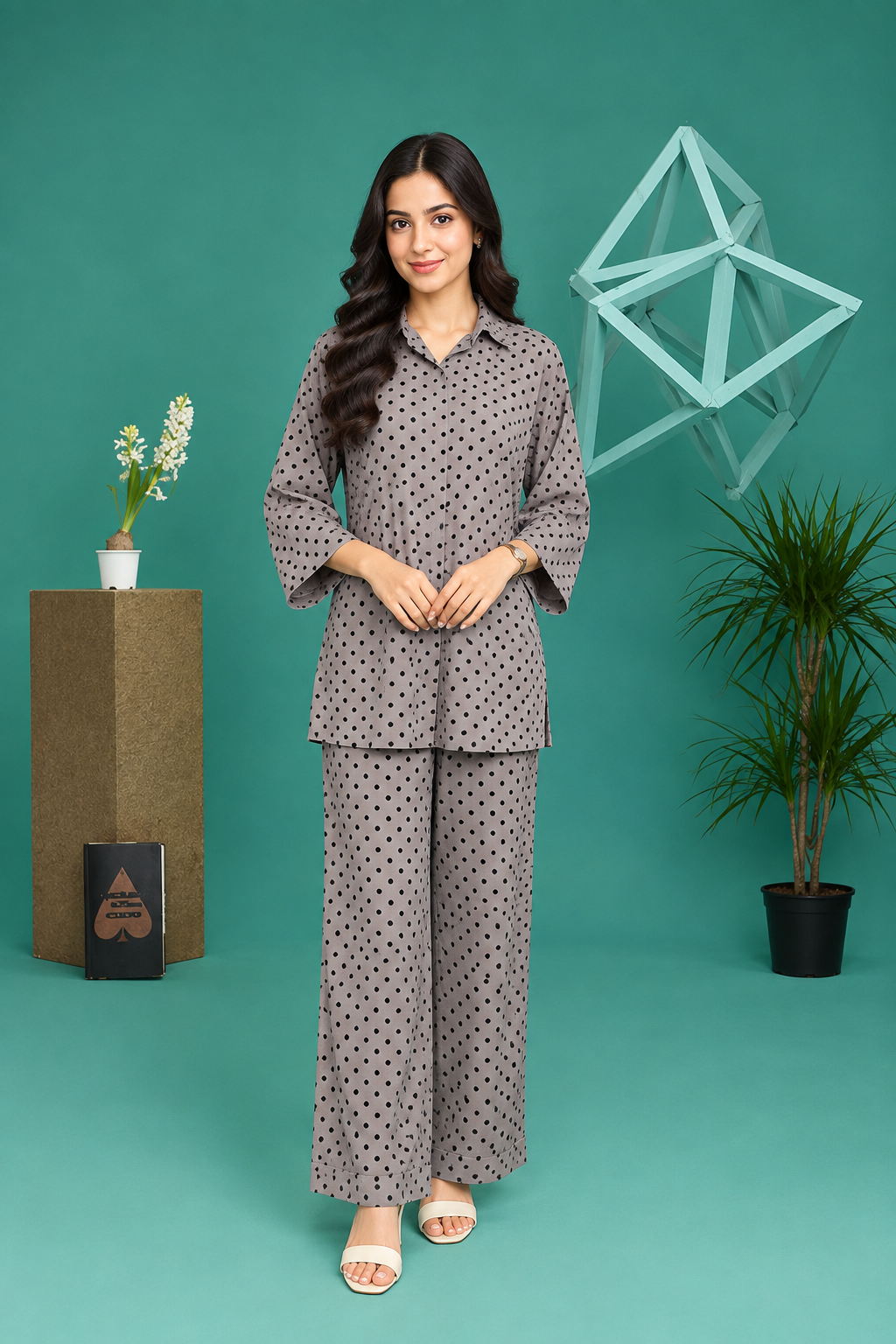 Gray Polka Dot Georgette Co-Ord Set
