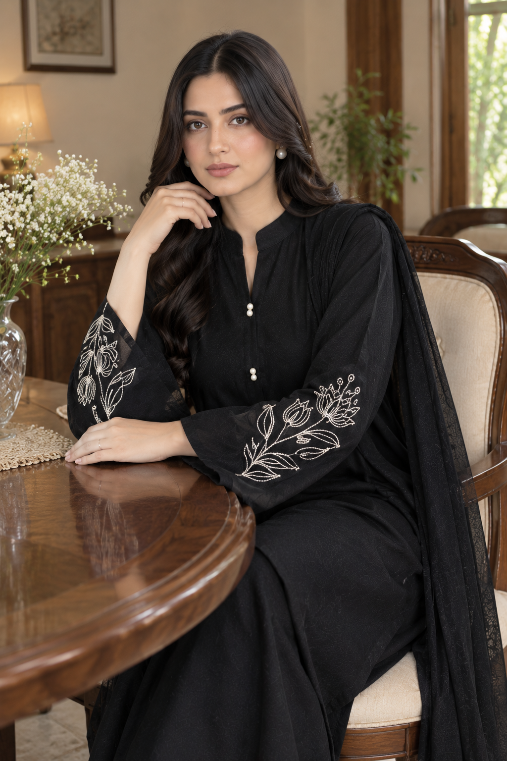Elegant Black Georgette Handwork 3-Piece Suit