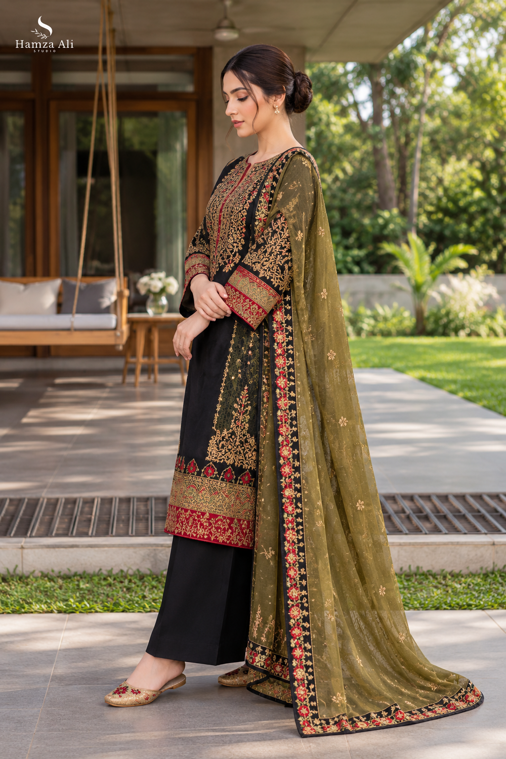 Royal Black & Olive Gold Embroidered 3-Piece Suit