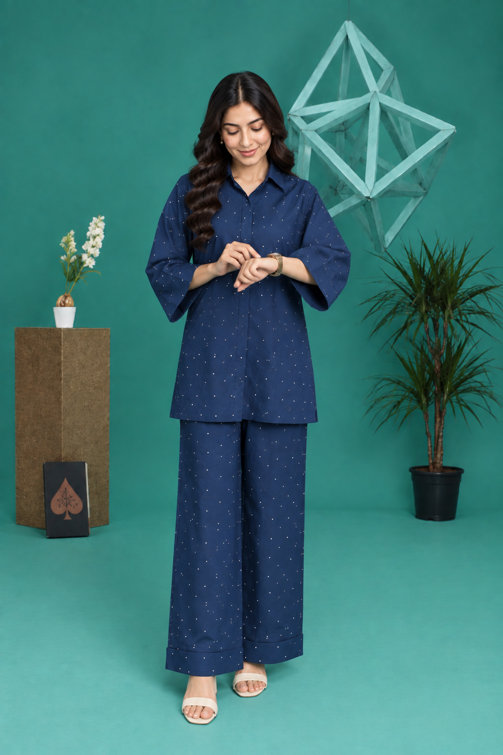 Navy Blue Georgette Polka Dot Co-Ord Set