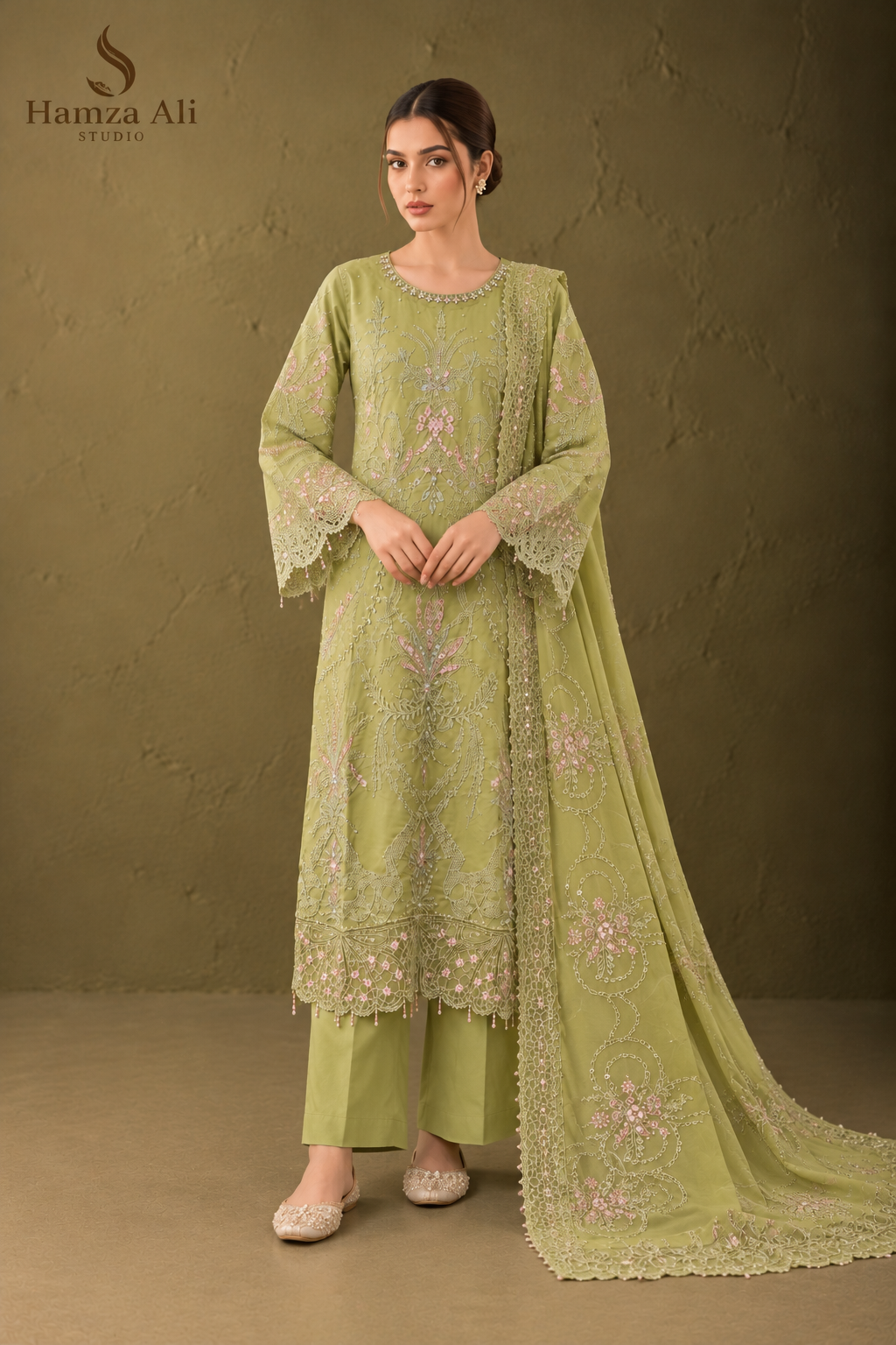 Pistachio Grace Heavy Embroidered 3-Piece Suit